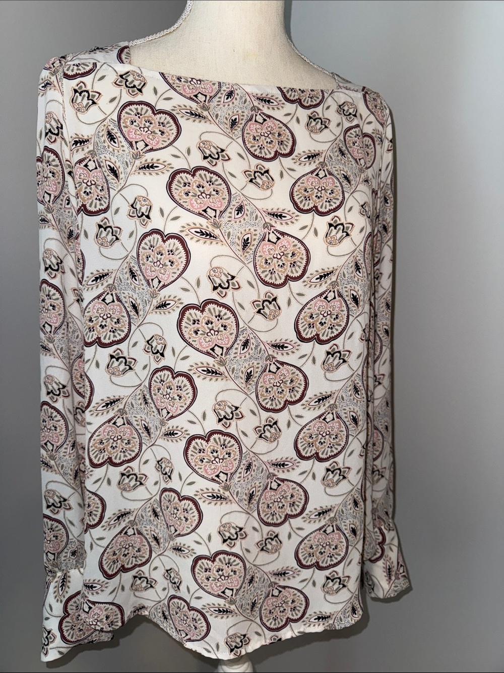 LOFT Cream Floral Paisley Skirt with Pink and Burgundy Accents